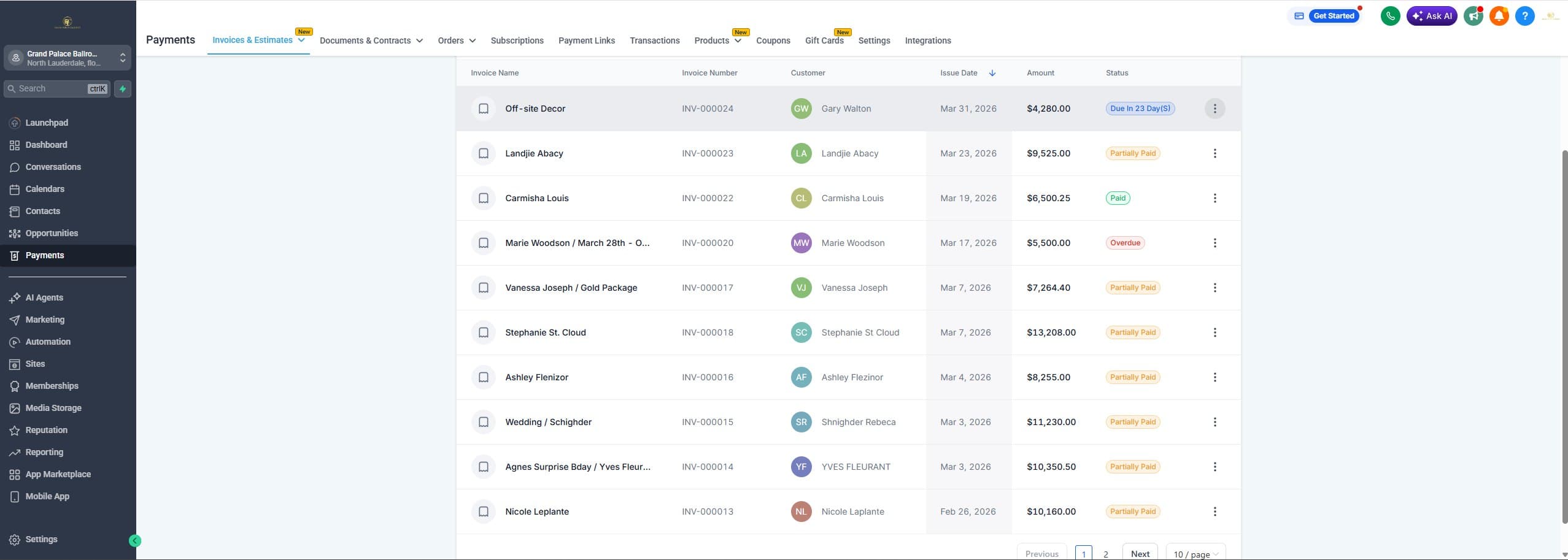 Grand Palace Ballroom — real invoices via GHL, $4K–$13K each